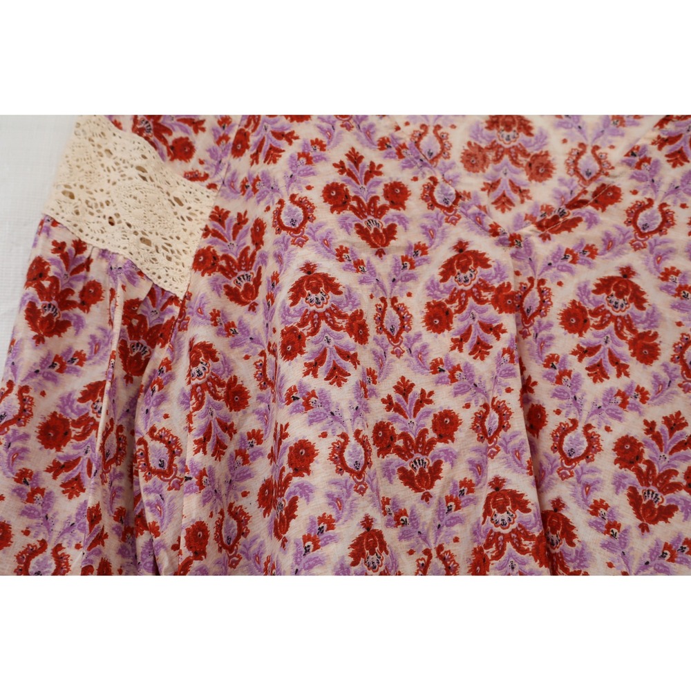 Eze Sur Mer Pink Floral Crochet Lace BalloonSleeve V-Neck Cotton Women Blouse S - Picture 9 of 10